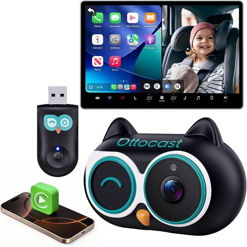 OTTOCAST Cabin Care 2-in-1 Baby Car Camera & Wireless CarPlay Adapter, 1080P Rear Seat View on Car Screen, No Extra Screen, No-Glow Night Vision, 150° Wide Angle, Easy Install, No Android Support in Kuwait