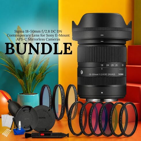 Sigma 18-50mm f/2.8 DC DN Contemporary Lens for Sony E-Mount APS-C Mirrorless Cameras – Bundle with 3PC Filter Kit, 6PC Gradual Filter Set, Lens Pen, Dust Blower, Cleaning Kit & Many More in Kuwait