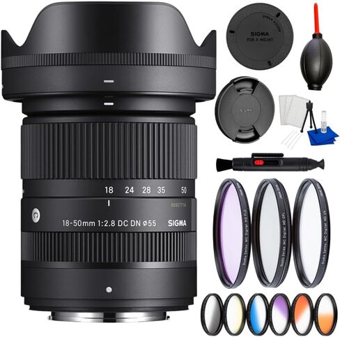 Sigma 18-50mm f/2.8 DC DN Contemporary Lens for Fujifilm X Mount Mirrorless Cameras – Bundle with 3PC Filter Kit, 6PC Gradual Filter Set, Lens Pen, Dust Blower, Starter Cleaning Kit & Many More in Kuwait