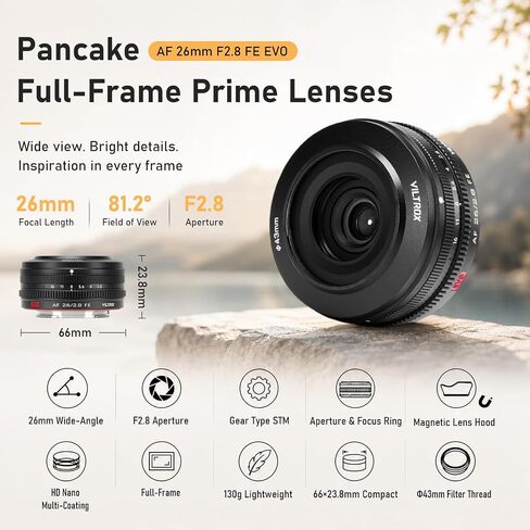 VILTROX 26mm F2.8 EVO E-Mount Pancake Lens Auto Focus 26mm F2.8 FE Full Frame Wide Angle Lens for Sony a7 a7R a7S a7C a7RII a7SII a7SIII a7III a7RIII a7IV a7RIV a9 a9II in Kuwait
