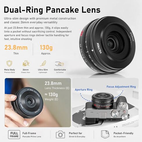 VILTROX 26mm F2.8 EVO E-Mount Pancake Lens Auto Focus 26mm F2.8 FE Full Frame Wide Angle Lens for Sony a7 a7R a7S a7C a7RII a7SII a7SIII a7III a7RIII a7IV a7RIV a9 a9II in Kuwait