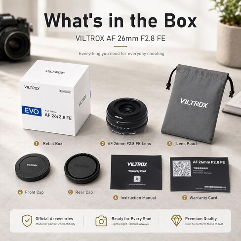 VILTROX 26mm F2.8 EVO E-Mount Pancake Lens Auto Focus 26mm F2.8 FE Full Frame Wide Angle Lens for Sony a7 a7R a7S a7C a7RII a7SII a7SIII a7III a7RIII a7IV a7RIV a9 a9II in Kuwait