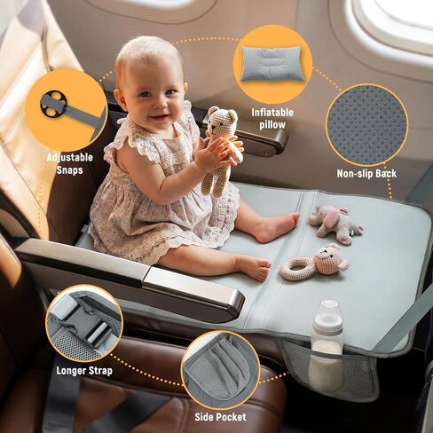 Toddler Airplane Bed, Grey | Airplane Travel Essentials, Plane Seat Extender for Kids, Portable Plane Travel Bed, For Long Flight Flying in Kuwait