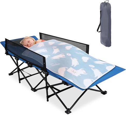 REDCAMP Kids Cot for Camping 2-7 Years, Portable Travel Toddler Cot Bed | with Guardrail, Lightweight for Outdoor Indoor Home, Blue in Kuwait