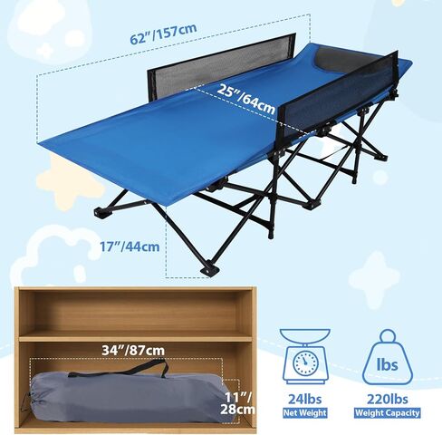 REDCAMP Kids Cot for Camping 2-7 Years, Portable Travel Toddler Cot Bed | with Guardrail, Lightweight for Outdoor Indoor Home, Blue in Kuwait