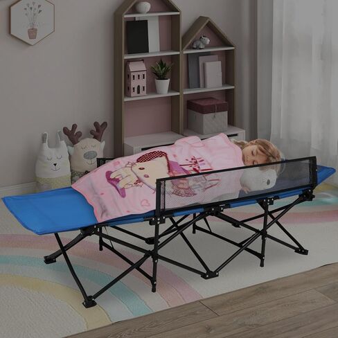 REDCAMP Kids Cot for Camping 2-7 Years, Portable Travel Toddler Cot Bed | with Guardrail, Lightweight for Outdoor Indoor Home, Blue in Kuwait