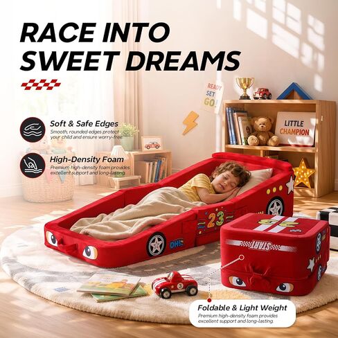 Vamcheer Toddler Travel Bed Foldable Racing Car Style Red 54''x25''x7'' | Foldable Portable Floor Bed for Home, Soft Foam & Washable Cover, Easy to Carry No Assembly, Used for for Camping, Hotels in Kuwait