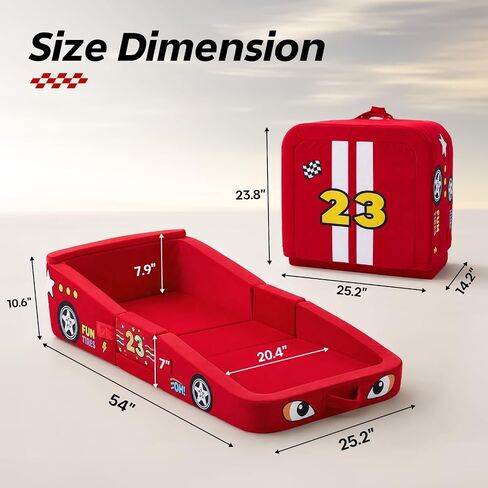 Vamcheer Toddler Travel Bed Foldable Racing Car Style Red 54''x25''x7'' | Foldable Portable Floor Bed for Home, Soft Foam & Washable Cover, Easy to Carry No Assembly, Used for for Camping, Hotels in Kuwait