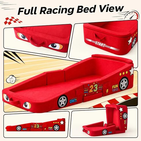 Vamcheer Toddler Travel Bed Foldable Racing Car Style Red 54''x25''x7'' | Foldable Portable Floor Bed for Home, Soft Foam & Washable Cover, Easy to Carry No Assembly, Used for for Camping, Hotels in Kuwait