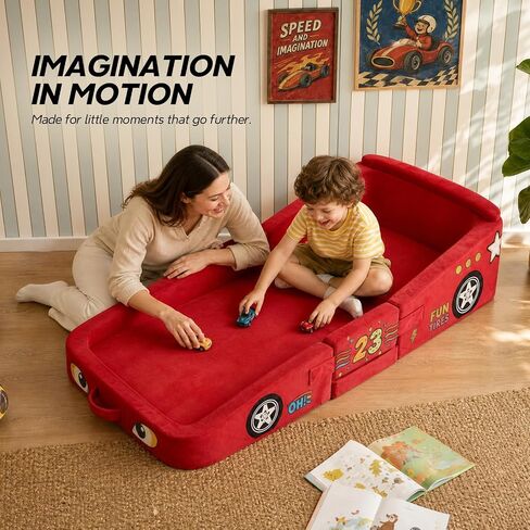 Vamcheer Toddler Travel Bed Foldable Racing Car Style Red 54''x25''x7'' | Foldable Portable Floor Bed for Home, Soft Foam & Washable Cover, Easy to Carry No Assembly, Used for for Camping, Hotels in Kuwait