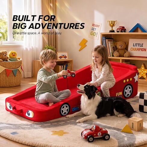 Vamcheer Toddler Travel Bed Foldable Racing Car Style Red 54''x25''x7'' | Foldable Portable Floor Bed for Home, Soft Foam & Washable Cover, Easy to Carry No Assembly, Used for for Camping, Hotels in Kuwait
