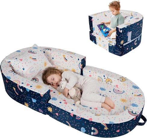 2-in-1 Toddler Travel Bed, Portable Foldable Toddler Floor Bed Converts to Soft Sofa, Kids Travel Couch with Removable Washable Cover, Ideal for Camping, Picnic, Hotel & Sleepovers in Kuwait