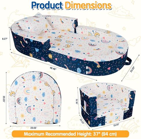 2-in-1 Toddler Travel Bed, Portable Foldable Toddler Floor Bed Converts to Soft Sofa, Kids Travel Couch with Removable Washable Cover, Ideal for Camping, Picnic, Hotel & Sleepovers in Kuwait