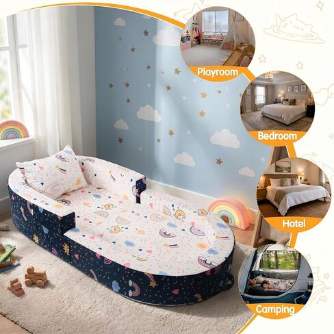 2-in-1 Toddler Travel Bed, Portable Foldable Toddler Floor Bed Converts to Soft Sofa, Kids Travel Couch with Removable Washable Cover, Ideal for Camping, Picnic, Hotel & Sleepovers in Kuwait