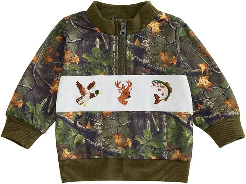 Toddler Boy Hunting Clothes Camo Zipper Long Sleeve Sweatshirt | Fall Winter Outfit, Stand Collar, Quarter Zip, Camouflage Pattern in Kuwait