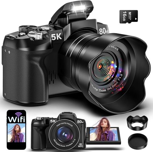 5K Digital Cameras for Photography - 80MP WiFi Vlogging Camera for YouTube with 3" 270° Flip Screen - UHD Fast Autofocus Video Camara for Beginner Travel Camaras with 18X Zoom, Memory Card, Lens Hood in Kuwait