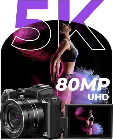 5K Digital Cameras for Photography - 80MP WiFi Vlogging Camera for YouTube with 3" 270° Flip Screen - UHD Fast Autofocus Video Camara for Beginner Travel Camaras with 18X Zoom, Memory Card, Lens Hood in Kuwait