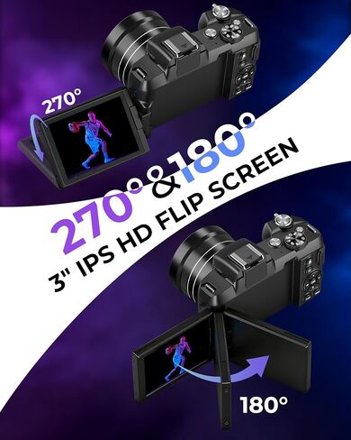 5K Digital Cameras for Photography - 80MP WiFi Vlogging Camera for YouTube with 3" 270° Flip Screen - UHD Fast Autofocus Video Camara for Beginner Travel Camaras with 18X Zoom, Memory Card, Lens Hood in Kuwait