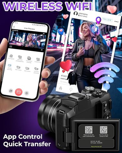 5K Digital Cameras for Photography - 80MP WiFi Vlogging Camera for YouTube with 3" 270° Flip Screen - UHD Fast Autofocus Video Camara for Beginner Travel Camaras with 18X Zoom, Memory Card, Lens Hood in Kuwait