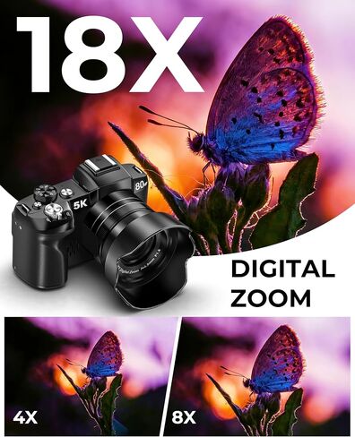 5K Digital Cameras for Photography - 80MP WiFi Vlogging Camera for YouTube with 3" 270° Flip Screen - UHD Fast Autofocus Video Camara for Beginner Travel Camaras with 18X Zoom, Memory Card, Lens Hood in Kuwait