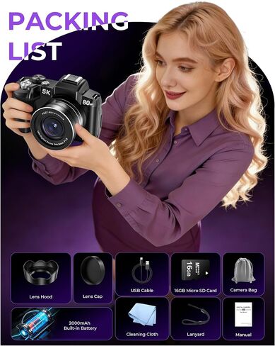 5K Digital Cameras for Photography - 80MP WiFi Vlogging Camera for YouTube with 3" 270° Flip Screen - UHD Fast Autofocus Video Camara for Beginner Travel Camaras with 18X Zoom, Memory Card, Lens Hood in Kuwait