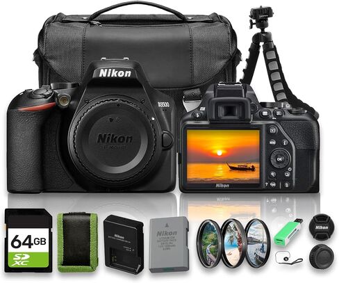 Nikon D3500 DSLR Camera Body Only Bundle | 24.2MP DX Sensor, Beginner-Friendly Controls, Full HD 1080p Video (1590) | Includes 64GB Memory Card, Camera Bag, Tripod, Filter Kit, Cleaning Accessories in Kuwait