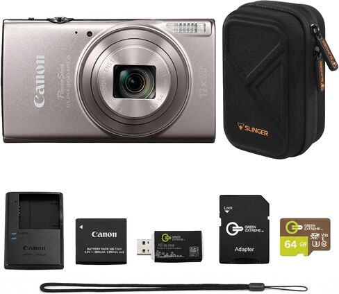 Canon PowerShot ELPH 360 HS Digital Camera Bundle with 64GB microSD Card, SD Adapter, USB Card Reader, Slinger Hardshell Camera Case, Battery & Charger (Silver) in Kuwait