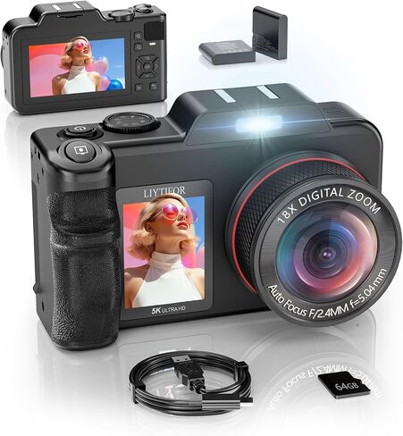 5K Digital-Cameras for Photography, 80MP 18X Zoom Black | 2026 Upgrade 3.5"+2" Dual Screen for Self-Framing Autofocus Vlogging Camera for YouTube/Content Creators/Beginners/Travel in Kuwait