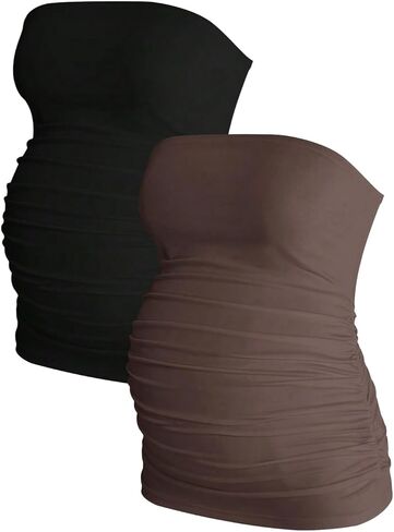 MakeMeChic Women's Maternity Tops 2 Pack Strapless Tube Tops Fall Outfits | Maternity Outfits, Ruched Open Back Tops for Women, Tube Tops for Women in Kuwait