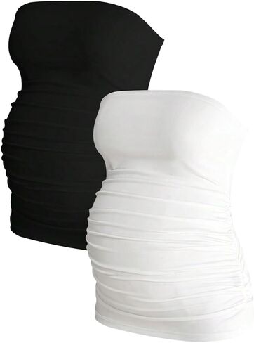 MakeMeChic Women's Maternity Tops 2 Pack Strapless Tube Tops Fall Outfits | Maternity Outfits, Ruched Open Back Tops for Women, Tube Tops for Women in Kuwait