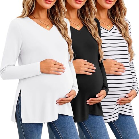Ekouaer Womens 3 Pack Maternity Shirts Long Sleeve Pregnancy V Neck Clothes | Split Side Basic Tops, Causal Maternity Shirt Outfits, Suitable for Pregnat Mama Workout in Kuwait