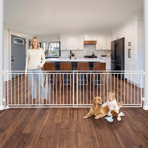 Betertek 58-108" Extra Wide Baby Gate for Large Openings-No Bottom Bar&Extra Wide Walk Thru Door, Chew&Impact Resistant Metal Heavy Duty Dog Gate, Hardware Mount Safety Indoor Extra Long Pet Gate in Kuwait