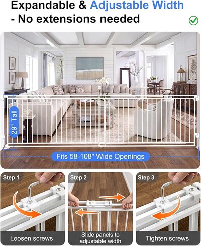 Betertek 58-108" Extra Wide Baby Gate for Large Openings-No Bottom Bar&Extra Wide Walk Thru Door, Chew&Impact Resistant Metal Heavy Duty Dog Gate, Hardware Mount Safety Indoor Extra Long Pet Gate in Kuwait