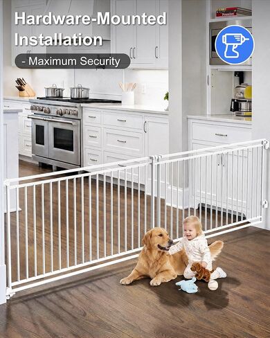 Betertek 58-108" Extra Wide Baby Gate for Large Openings-No Bottom Bar&Extra Wide Walk Thru Door, Chew&Impact Resistant Metal Heavy Duty Dog Gate, Hardware Mount Safety Indoor Extra Long Pet Gate in Kuwait