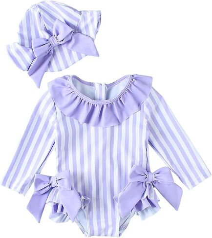 JiAmy Baby Girl Swimsuit with Sun Hat, Long Sleeve One Piece Rash Guard, Zipper Bathing Suit for Infant Toddler 0-3Y in Kuwait