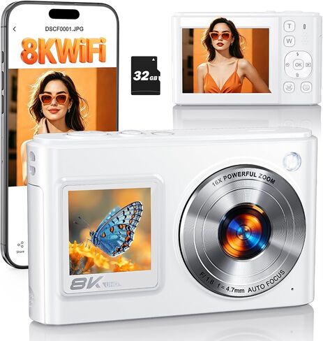 8K Digital Camera for Photography with WiFi, 96MP Autofocus Dual Screens Selfie Vlogging Camera with 16X Zoom, Compact Point and Shoot Travel Camera for Kids Teens Beginners with SD Card, 2 Batteries in Kuwait