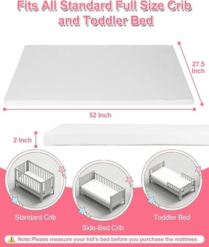 2'' Portable Full Size Crib Mattress for Toddler Floor Bed | Portable Baby Crib Mattress Breathable, 52x27.5 Inch Travel Foam Waterproof Mattresses for Baby Bed, Washable Cover in Kuwait