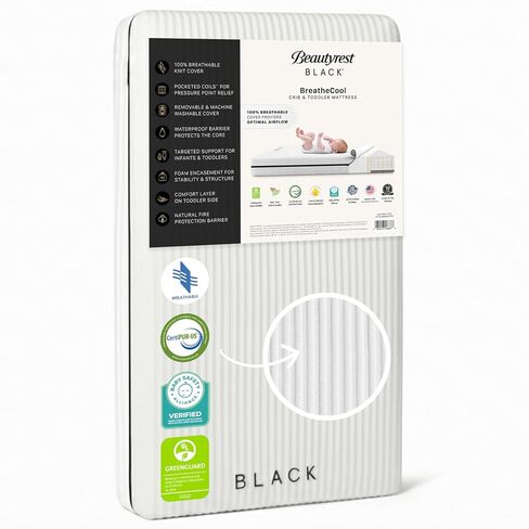 Beautyrest Black BreatheCool 2-Stage Crib and Toddler Mattress - Breathable & Machine Washable Cover - GREENGUARD Gold – Waterproof, White in Kuwait