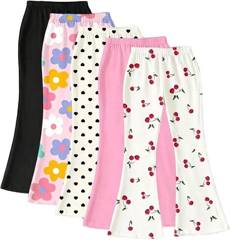 SweatyRocks Girl's 5 Pack Flare Leg Pants Cute Printed Elastic Waist Leggings Bell Bottom in Kuwait
