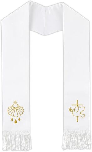Embroidered Baptismal Stole, Gold Shell and Dove Details, Fringed Ends, Catholic Keepsake, 20 Inches in Kuwait