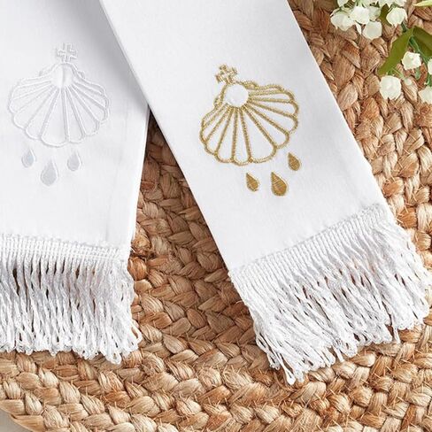 Embroidered Baptismal Stole, Gold Shell and Dove Details, Fringed Ends, Catholic Keepsake, 20 Inches in Kuwait