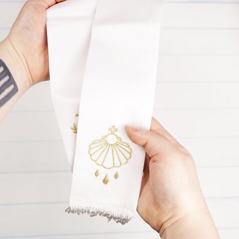 Embroidered Baptismal Stole, Gold Shell and Dove Details, Fringed Ends, Catholic Keepsake, 20 Inches in Kuwait