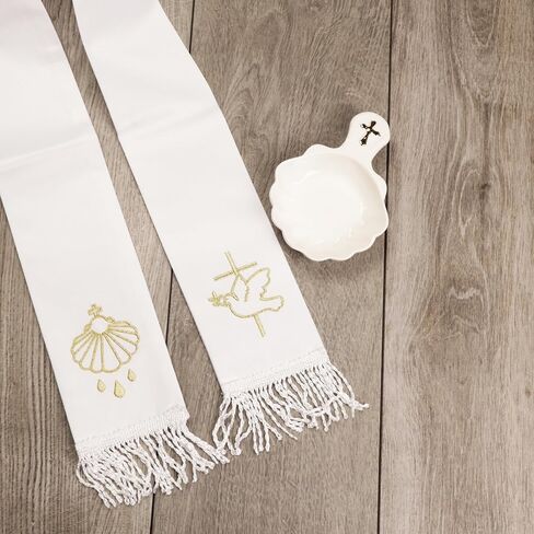 Embroidered Baptismal Stole, Gold Shell and Dove Details, Fringed Ends, Catholic Keepsake, 20 Inches in Kuwait