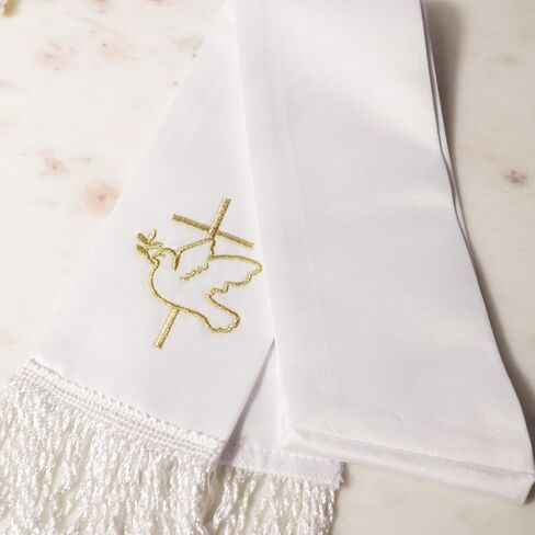 Embroidered Baptismal Stole, Gold Shell and Dove Details, Fringed Ends, Catholic Keepsake, 20 Inches in Kuwait