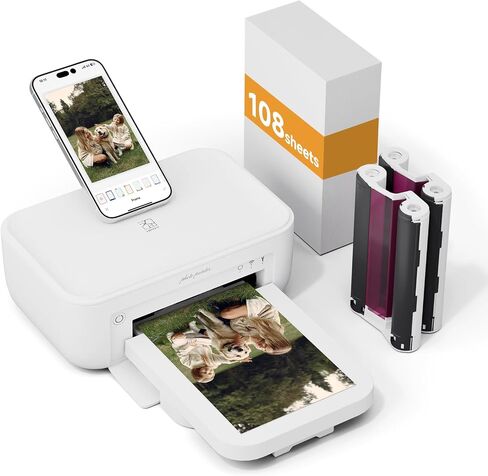 HPRT Photo Printer 4×6", Wi-Fi Full-Color Instant Phone Phtoto Printer for iPhone, Android, Smartphone, Thermal Dye-Sublimation for Home Use, + 108 Sheets Photo Paper & 2 Ribbon,White in Kuwait