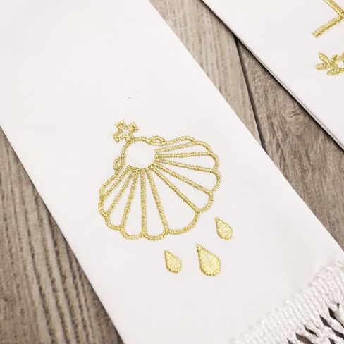 Embroidered Baptismal Stole, Gold Shell and Dove Details, Fringed Ends, Catholic Keepsake, 20 Inches in Kuwait