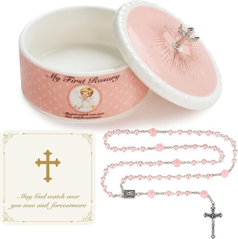 NORBU Baptism Gifts for Girl, My First Rosary with Ceramic Keepsake Box, Rosary for Kids, First Communion & Baby Dedication Gifts for Newborn Baby Boys from Godmother Catholic Christening Gift, Pink in Kuwait