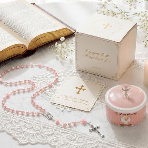 NORBU Baptism Gifts for Girl, My First Rosary with Ceramic Keepsake Box, Rosary for Kids, First Communion & Baby Dedication Gifts for Newborn Baby Boys from Godmother Catholic Christening Gift, Pink in Kuwait