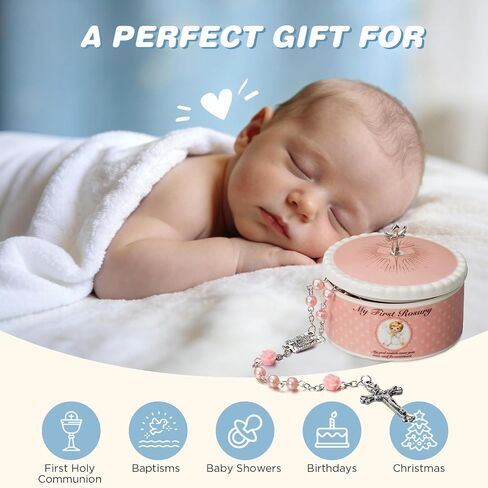 NORBU Baptism Gifts for Girl, My First Rosary with Ceramic Keepsake Box, Rosary for Kids, First Communion & Baby Dedication Gifts for Newborn Baby Boys from Godmother Catholic Christening Gift, Pink in Kuwait