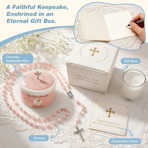 NORBU Baptism Gifts for Girl, My First Rosary with Ceramic Keepsake Box, Rosary for Kids, First Communion & Baby Dedication Gifts for Newborn Baby Boys from Godmother Catholic Christening Gift, Pink in Kuwait